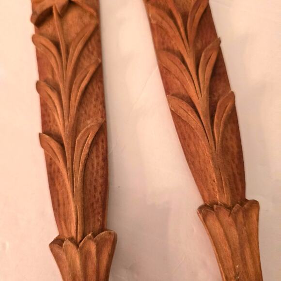 Vintage Carved Wooden Salad Spoon Fork Servers Floral Leaves 11.5in 70s 80s - Picture 7 of 9